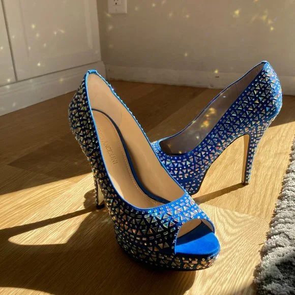 ENZO ANGIOLINI size 8 blue fun embellished platform peep toe heel - Picture 10 of 11
